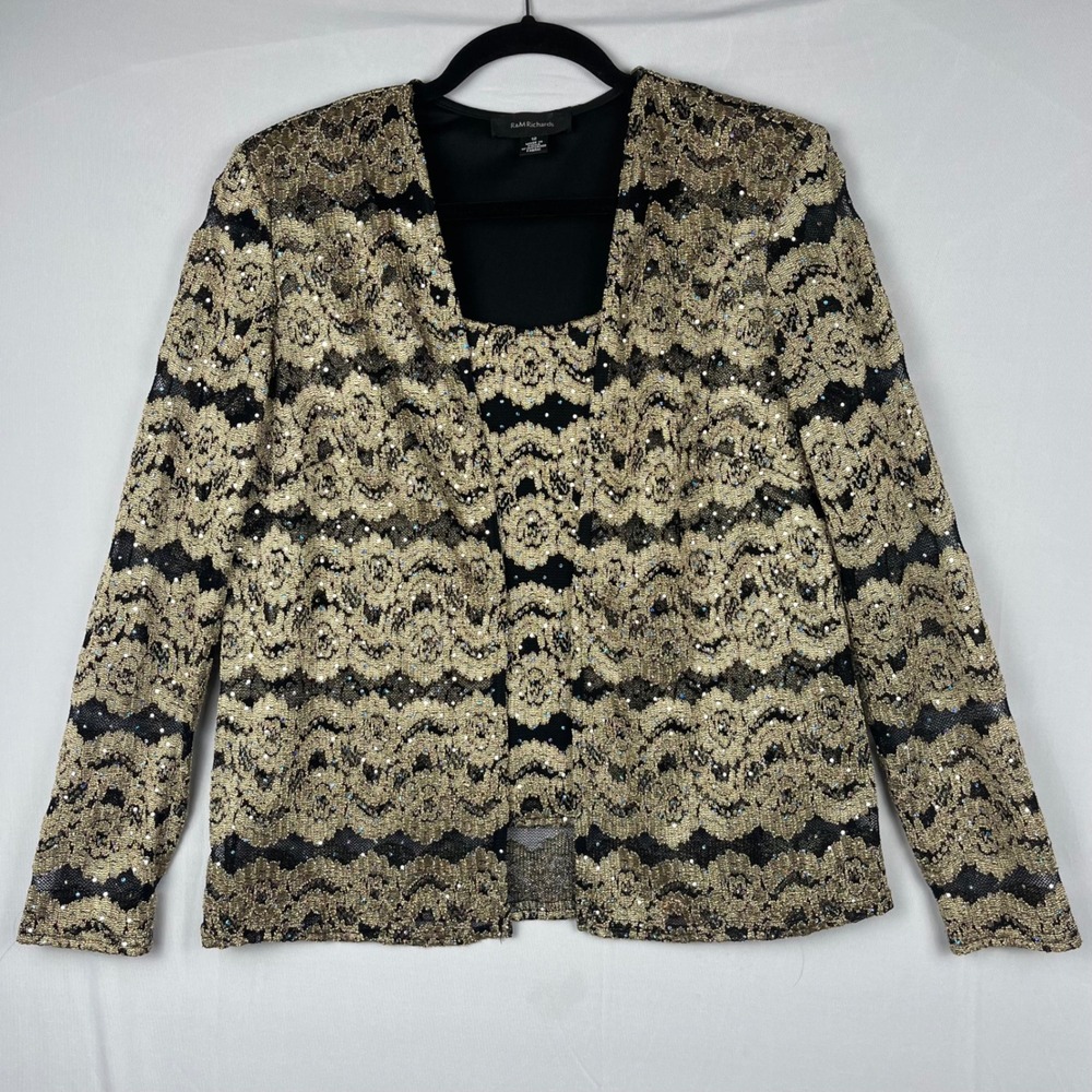 Vtg 90s Y2K Floral Lace Sequin‎ Layered 1pc Jacket Top Gold Black 12 Whimsy NWOT